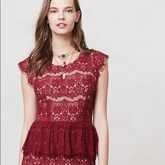 Anthropologie Dresses & Skirts - Anthropologie Maeve Dark Red Lace Peplum Dress M
